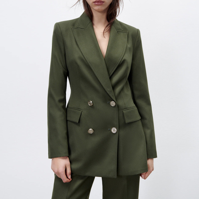 Costume de damă Vintage Office, pantaloni și jachetă Spring Green Blazer dublu piept Elegant Pantaloni largi Set 2 piese INKEO 1O270
