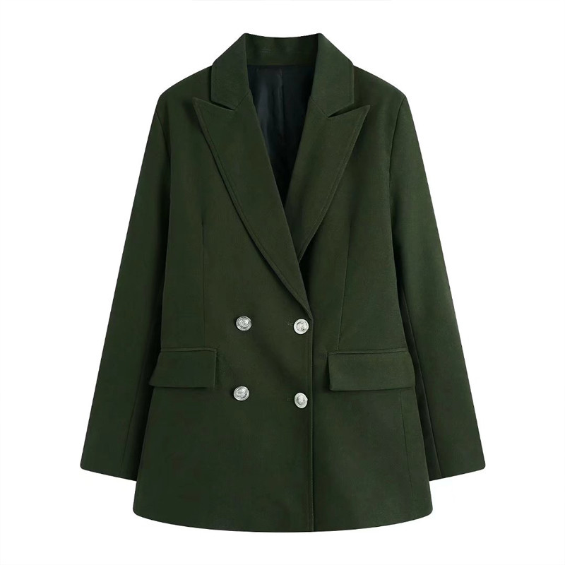 Costume de damă Vintage Office, pantaloni și jachetă Spring Green Blazer dublu piept Elegant Pantaloni largi Set 2 piese INKEO 1O270