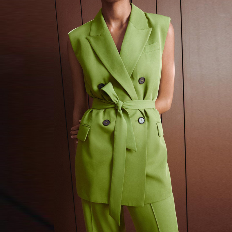 Vestă de damă de birou cu costum cu centură Verde de înaltă calitate Toamna 2022 Vestă blazer fără mâneci și pantaloni largi Femei INKEO 2O132