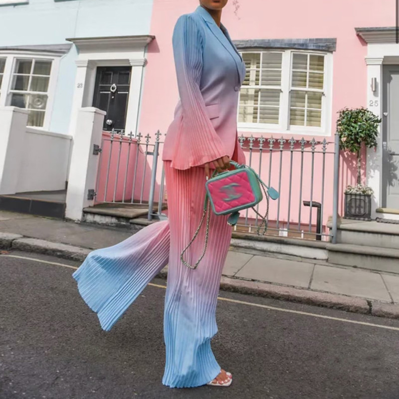 Blazer și pantaloni de culoare degradată pentru stradă Costum pentru femei 2022 Toamnă iarnă Jachetă cu mâneci plisate Set pantaloni largi INKEO 2O167