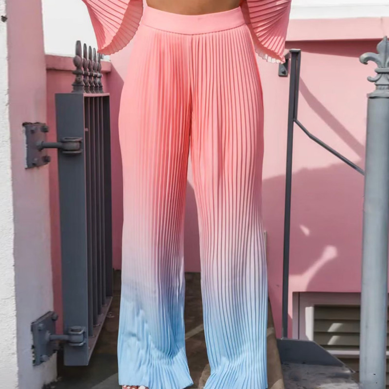 Blazer și pantaloni de culoare degradată pentru stradă Costum pentru femei 2022 Toamnă iarnă Jachetă cu mâneci plisate Set pantaloni largi INKEO 2O167