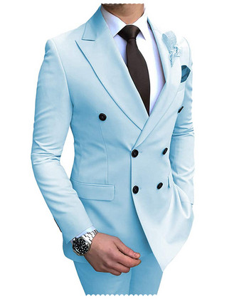 2023 г. Нов бежов мъжки костюм от 2 бр. Двуредни тънки ежедневни смокинги с ревер и ревер за сватба (блейзър+панталон)