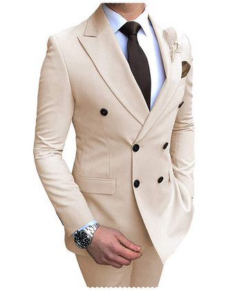 2023 г. Нов бежов мъжки костюм от 2 бр. Двуредни тънки ежедневни смокинги с ревер и ревер за сватба (блейзър+панталон)