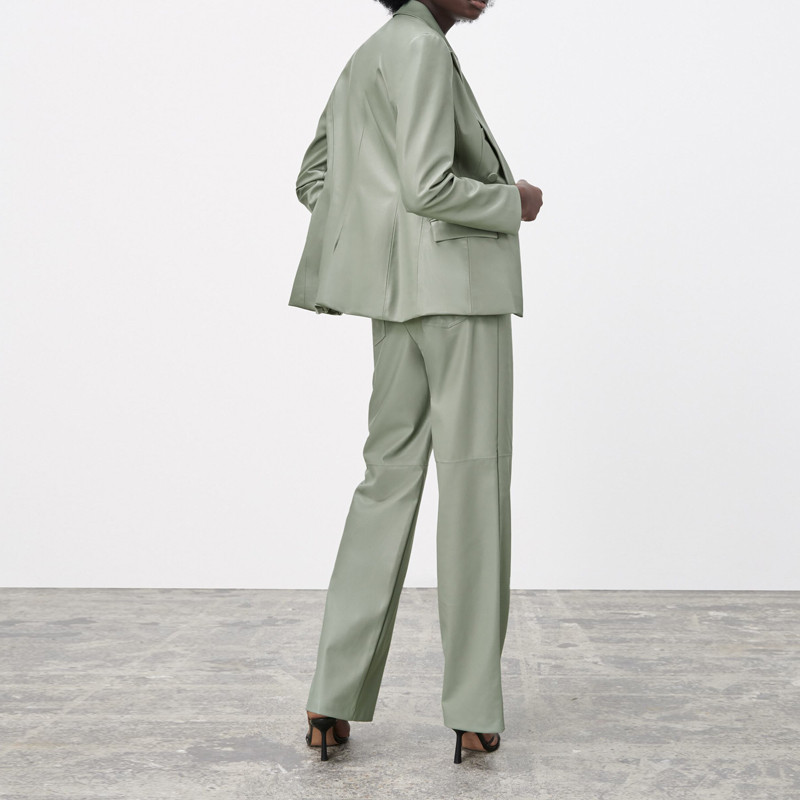 Jachetă și pantaloni drepți din imitație de piele pentru femei de lux, costum de toamnă iarnă 2022, haină PU pentru damă de birou, set 2 piese INKEO 2O106