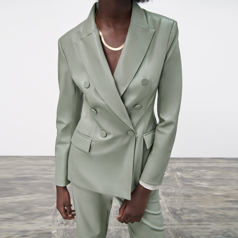 Jachetă și pantaloni drepți din imitație de piele pentru femei de lux, costum de toamnă iarnă 2022, haină PU pentru damă de birou, set 2 piese INKEO 2O106