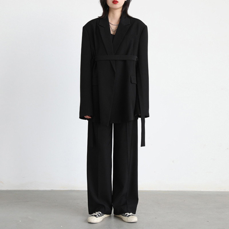 Елегантен базов дамски костюм, сако със свободни презрамки и широки панталони Офис дамски комплект от 2 части Комплект в корейски стил INKEO 2O152