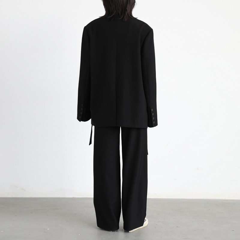 Елегантен базов дамски костюм, сако със свободни презрамки и широки панталони Офис дамски комплект от 2 части Комплект в корейски стил INKEO 2O152