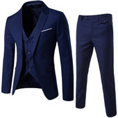 Costume Homme 3 части Slim Fit Бизнес комплект мъжки костюми 1 копче Блейзър Яке Жилетка Панталони Едноцветна сватбена рокля Костюм и панталон
