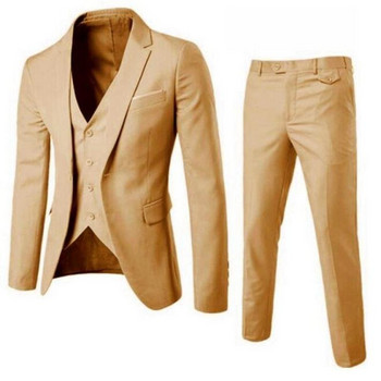Costume Homme 3 части Slim Fit Бизнес комплект мъжки костюми 1 копче Блейзър Яке Жилетка Панталони Едноцветна сватбена рокля Костюм и панталон
