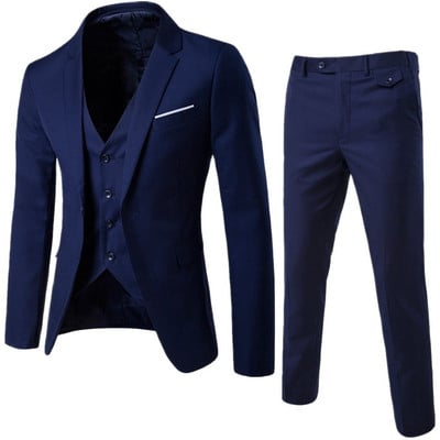 Costume Homme 3 Piece Slim Fit Business Men`s Suit Set 1 Button Blazer Jacket Vest Pants Solid Wedding Dress Suit and Trousers