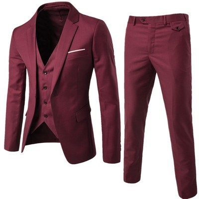 Costume Homme 3 части Slim Fit Бизнес комплект мъжки костюми 1 копче Блейзър Яке Жилетка Панталони Едноцветна сватбена рокля Костюм и панталон