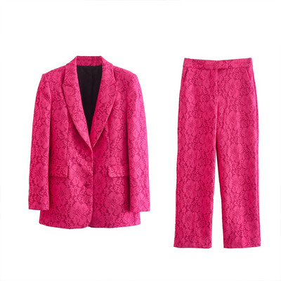 Pink Office Lady 2 részes szett Elegáns vékony csipke hosszú ujjú blézer és széles szárú nadrág Női 2023 Új divatos szexi öltöny INKEO 2O336