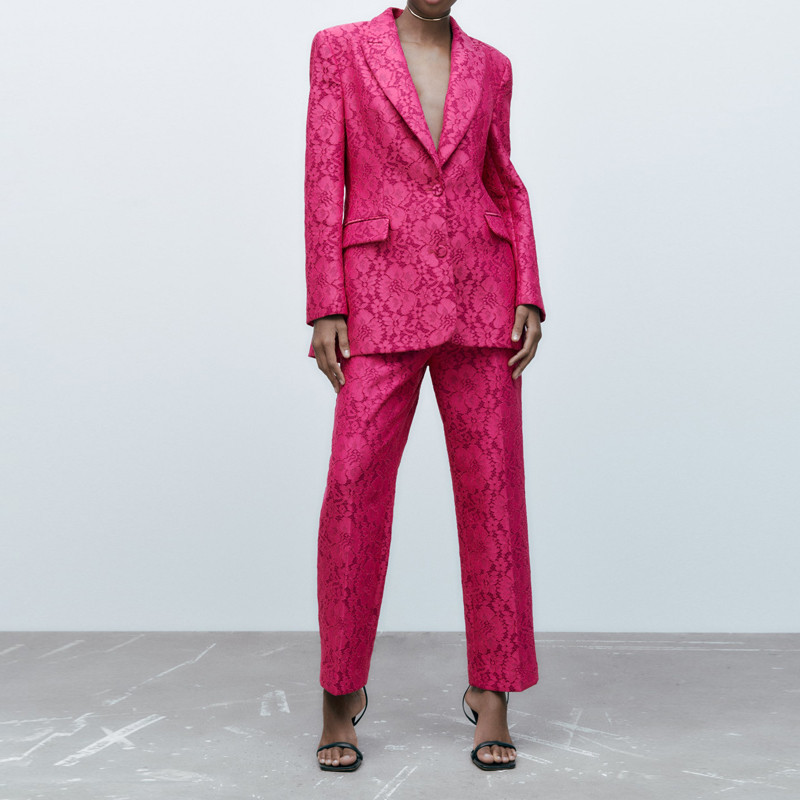 Roz Office Lady Set 2 piese Blazer elegant din dantela subtire cu maneca lunga si pantaloni lati Femei 2023 Nou costum sexy la moda INKEO 2O336