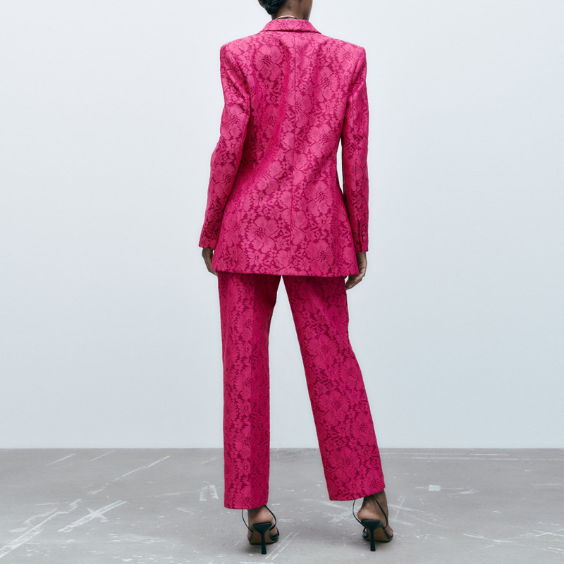 Roz Office Lady Set 2 piese Blazer elegant din dantela subtire cu maneca lunga si pantaloni lati Femei 2023 Nou costum sexy la moda INKEO 2O336