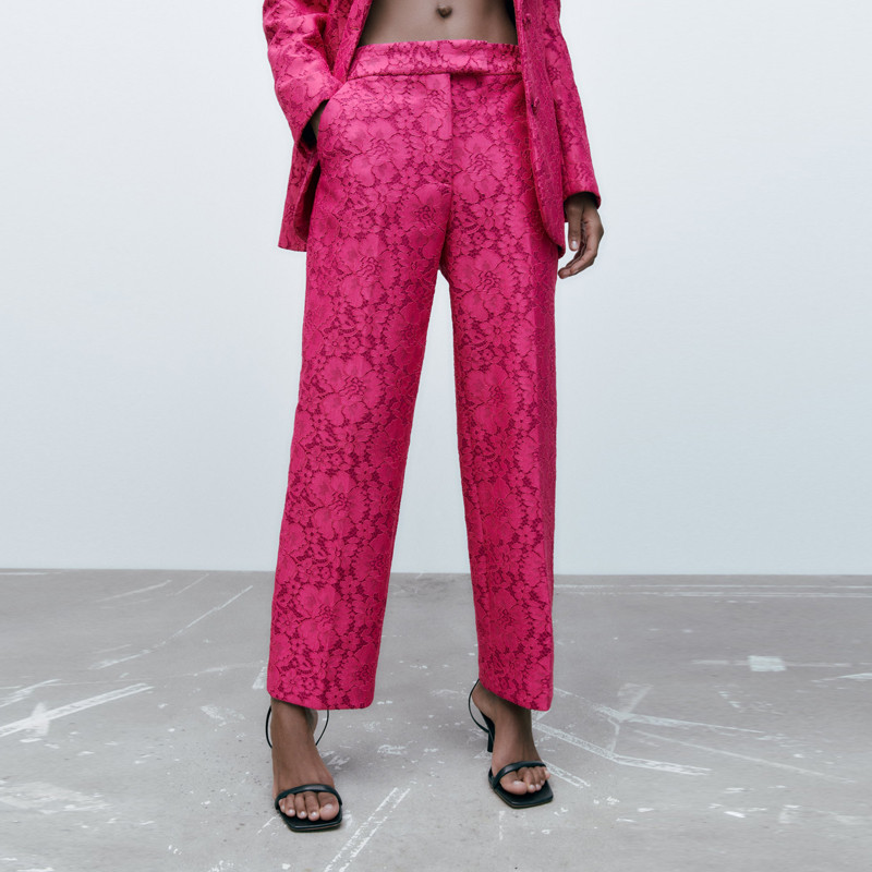 Roz Office Lady Set 2 piese Blazer elegant din dantela subtire cu maneca lunga si pantaloni lati Femei 2023 Nou costum sexy la moda INKEO 2O336