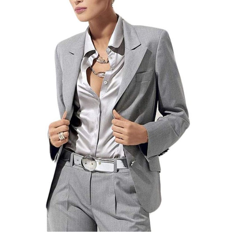 Costume pentru femei 2 piese cu decolteu în V ținută formală gri pentru afaceri Jachetă pentru femei și pantaloni lungi costume pentru damă