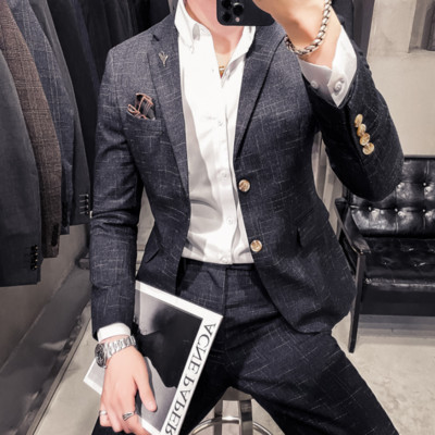 (kabát+nadrág) Divat Férfi tiszta színű szabadidő öltönyök Szürke Kék Fekete Slim Fit Férfi üzleti bankett öltöny szett Nagy 3XL 4XL