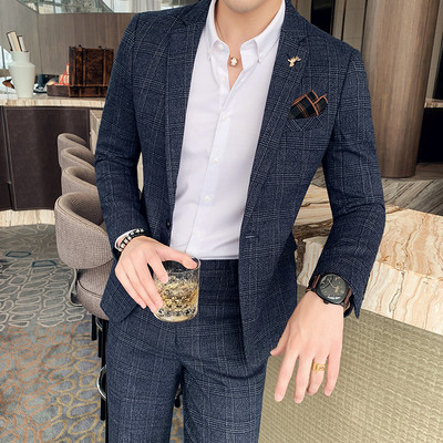 (kabát+nadrág) Divat Férfi tiszta színű szabadidő öltönyök Szürke Kék Fekete Slim Fit Férfi üzleti bankett öltöny szett Nagy 3XL 4XL