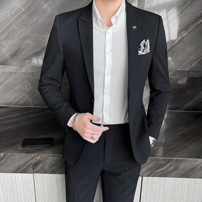 (kabát+nadrág) Divat Férfi tiszta színű szabadidő öltönyök Szürke Kék Fekete Slim Fit Férfi üzleti bankett öltöny szett Nagy 3XL 4XL
