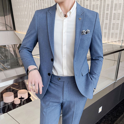 (kabát+nadrág) Divat Férfi tiszta színű szabadidő öltönyök Szürke Kék Fekete Slim Fit Férfi üzleti bankett öltöny szett Nagy 3XL 4XL