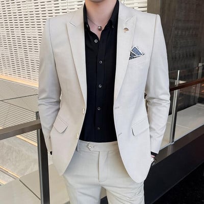 (kabát+nadrág) Divat Férfi tiszta színű szabadidő öltönyök Szürke Kék Fekete Slim Fit Férfi üzleti bankett öltöny szett Nagy 3XL 4XL