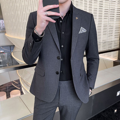 (kabát+nadrág) Divat Férfi tiszta színű szabadidő öltönyök Szürke Kék Fekete Slim Fit Férfi üzleti bankett öltöny szett Nagy 3XL 4XL