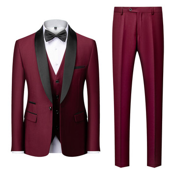 Мъже Mariage Color Block Collar Suits Яке Панталони Жилетка Мъжки Бизнес Ежедневни Сватбени Блейзъри Палто Жилетка Панталони Комплект от 3 части