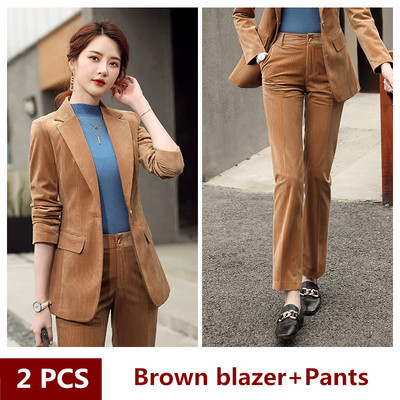 őszi tavaszi öltöny Corduroy Női elegáns blézer nadrág és kabát ruha rövid Üzleti kabát 2 részes készletek női nadrágkosztüm
