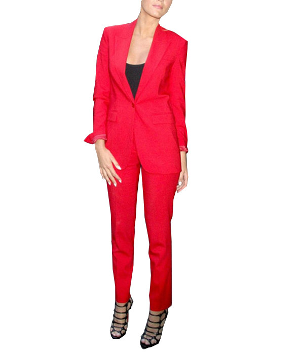 Costume de toamnă iarnă pentru femei 2 bucăți roșu casual cu rever crestat ținută cu decolteu în V pentru costum de damă de birou (blazer + pantalon)