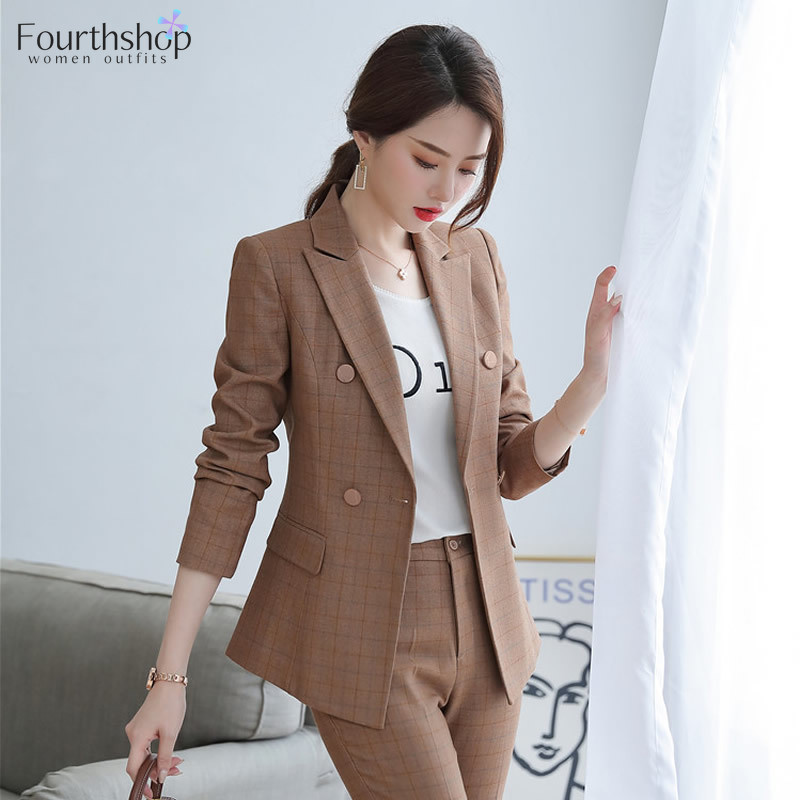 Office Lady Uniforme de afaceri Costum în carouri Femei Set 2 piese Toamna Iarnă 2020 Formal de lucru Blazer Pantaloni Costume Femei Haine XXL