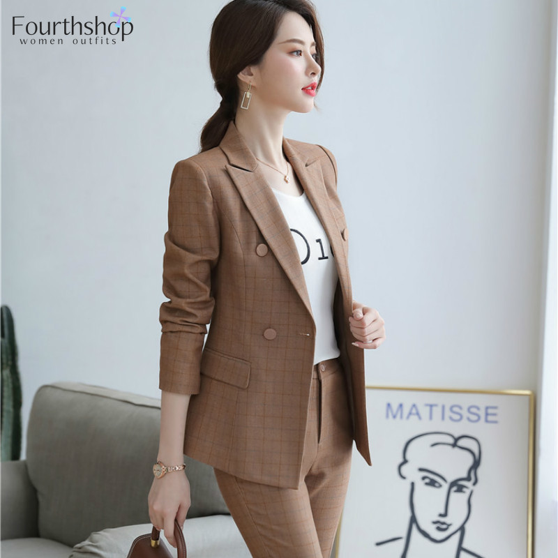 Office Lady Uniforme de afaceri Costum în carouri Femei Set 2 piese Toamna Iarnă 2020 Formal de lucru Blazer Pantaloni Costume Femei Haine XXL