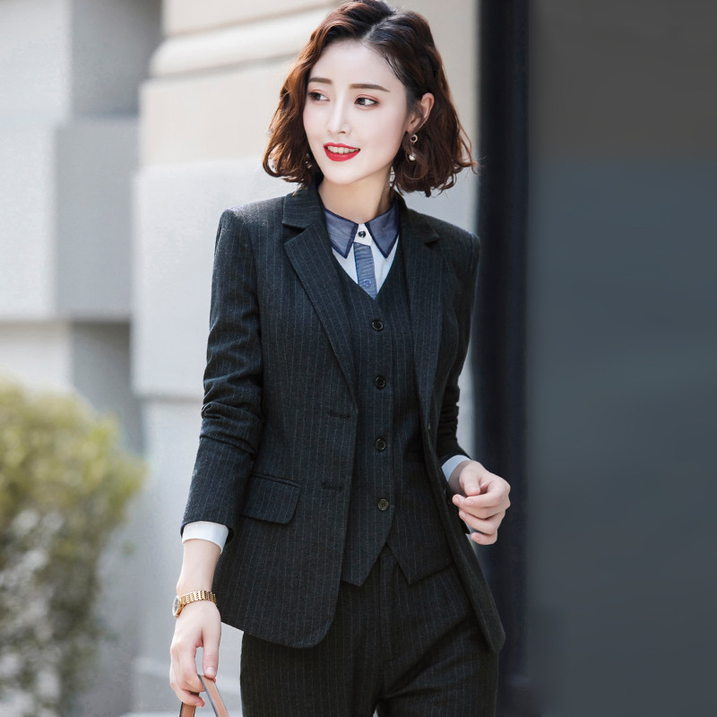 Femei, albastru, negru, dungi, vestă, sacou, jachetă și costum pantaloni, set de 3 bucăți, damă de birou, formală, pentru muncă, pentru carieră, îmbrăcăminte S-5XL