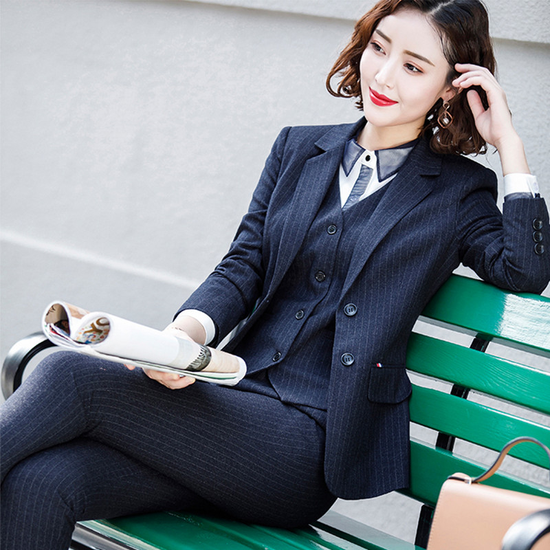 Femei, albastru, negru, dungi, vestă, sacou, jachetă și costum pantaloni, set de 3 bucăți, damă de birou, formală, pentru muncă, pentru carieră, îmbrăcăminte S-5XL