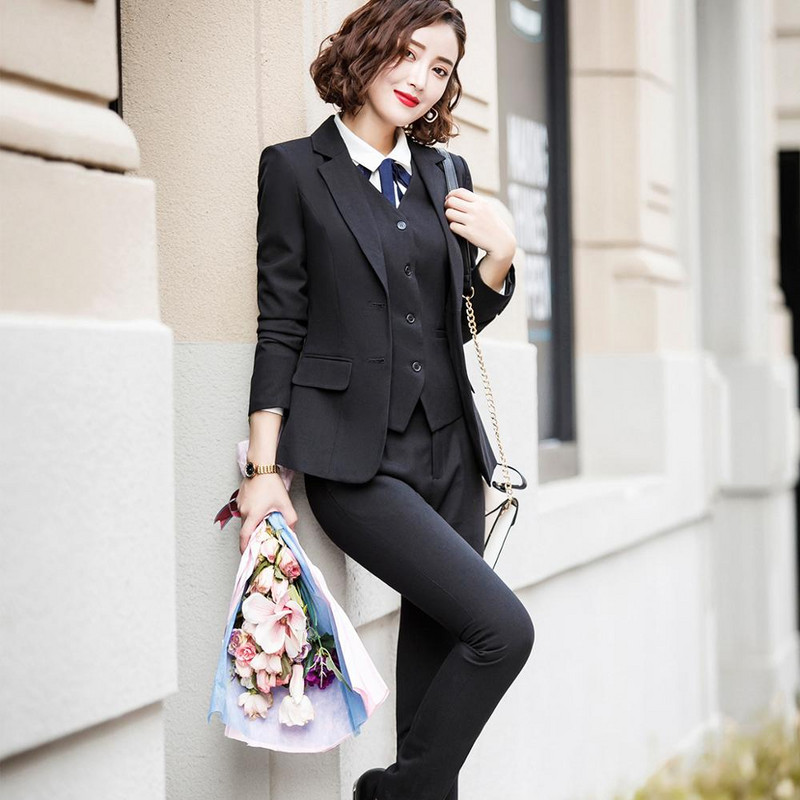 Femei, albastru, negru, dungi, vestă, sacou, jachetă și costum pantaloni, set de 3 bucăți, damă de birou, formală, pentru muncă, pentru carieră, îmbrăcăminte S-5XL