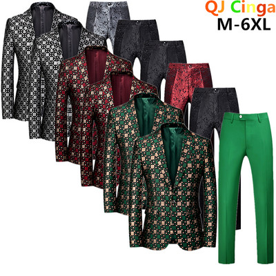 2022, nou costum verde în carouri, două piese, pentru bărbați, rochie de afaceri de nuntă, haină și pantaloni, costum subțire pentru bărbați, set de blazer roșu argintiu