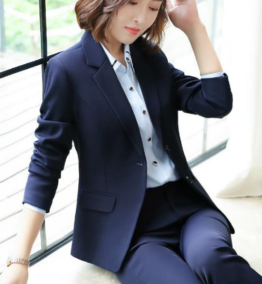 Costum Formal Femei Negru Bleumarin Uniforme Design Pantaloni Costume Office Lady Business Set 2 Piese Tinuta Blazer si Pantaloni