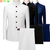 Fehér Férfi Állógallér kínai stílusú Slim Fit kétrészes öltöny szett / Férfi Zhong Shan Blézer dzseki Kabát Nadrág 2 db 7XL