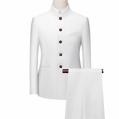 Fehér Férfi Állógallér kínai stílusú Slim Fit kétrészes öltöny szett / Férfi Zhong Shan Blézer dzseki Kabát Nadrág 2 db 7XL
