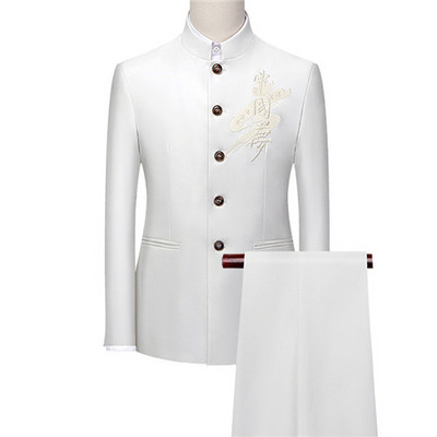 Fehér Férfi Állógallér kínai stílusú Slim Fit kétrészes öltöny szett / Férfi Zhong Shan Blézer dzseki Kabát Nadrág 2 db 7XL