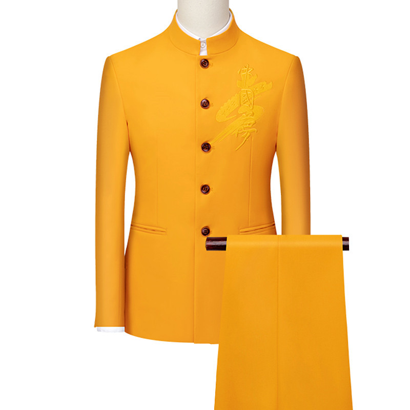 Alb Bărbați Guler Stand Stil chinezesc Slim Fit Set Costum Două Piese / Bărbați Zhong Shan Blazer Jachetă Palton Pantaloni Pantaloni 2 buc 7XL