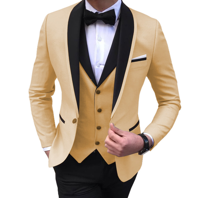 Costume pentru bărbați cu fantă albastră, 3 piese, negru, rever, smoking ocazional pentru nuntă, costume pentru bărbați, 2020 (blazer+vest+pantaloni)