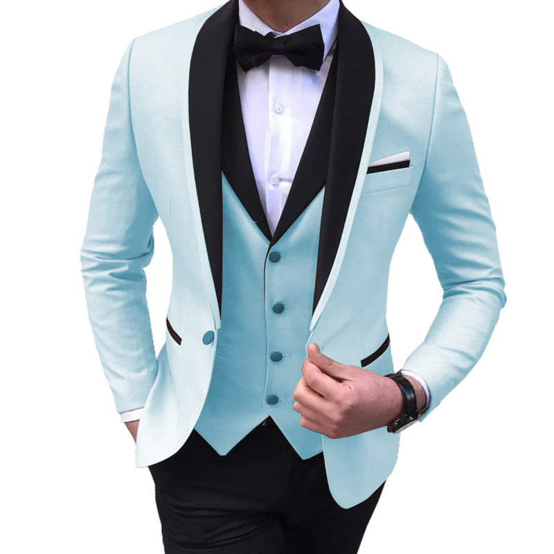 Costume pentru bărbați cu fantă albastră, 3 piese, negru, rever, smoking ocazional pentru nuntă, costume pentru bărbați, 2020 (blazer+vest+pantaloni)