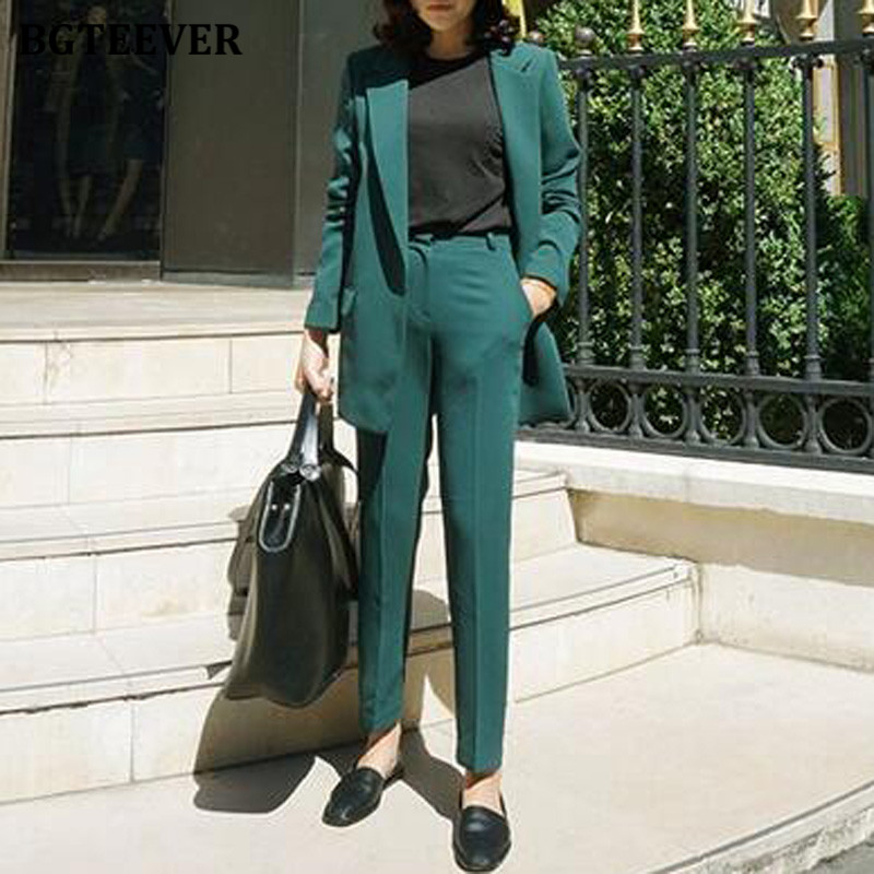 BGTEEVER, la modă, verde, costume pentru femei, blazer, cu mânecă lungă, cu un singur buton, costum cu pantaloni, haine de lucru, set de sacou din două piese, pentru femei, 2020