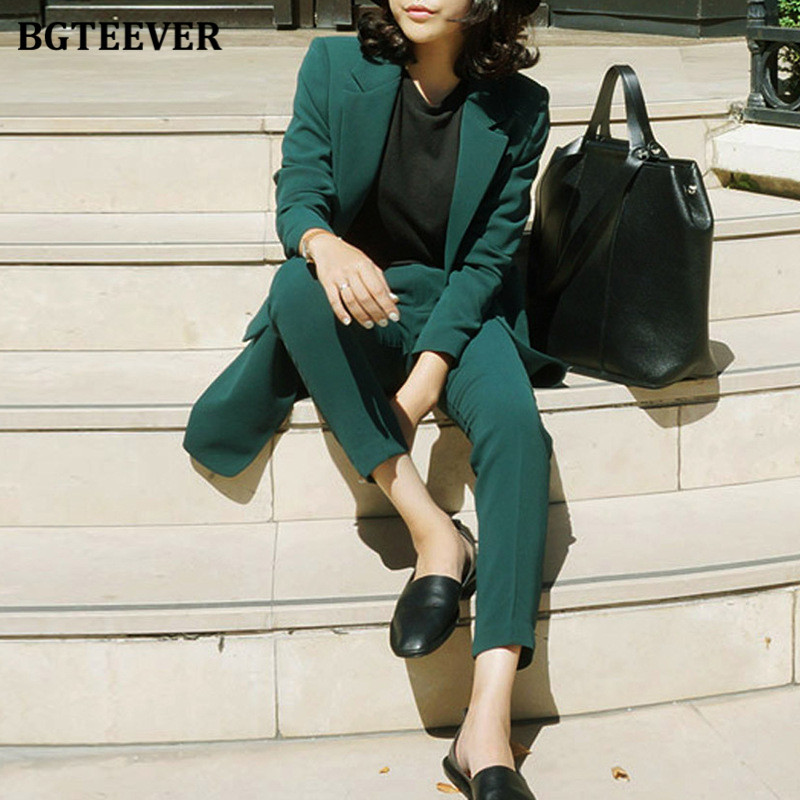 BGTEEVER, la modă, verde, costume pentru femei, blazer, cu mânecă lungă, cu un singur buton, costum cu pantaloni, haine de lucru, set de sacou din două piese, pentru femei, 2020
