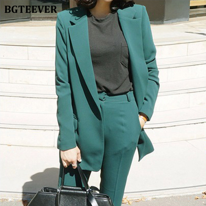 BGTEEVER, la modă, verde, costume pentru femei, blazer, cu mânecă lungă, cu un singur buton, costum cu pantaloni, haine de lucru, set de sacou din două piese, pentru femei, 2020