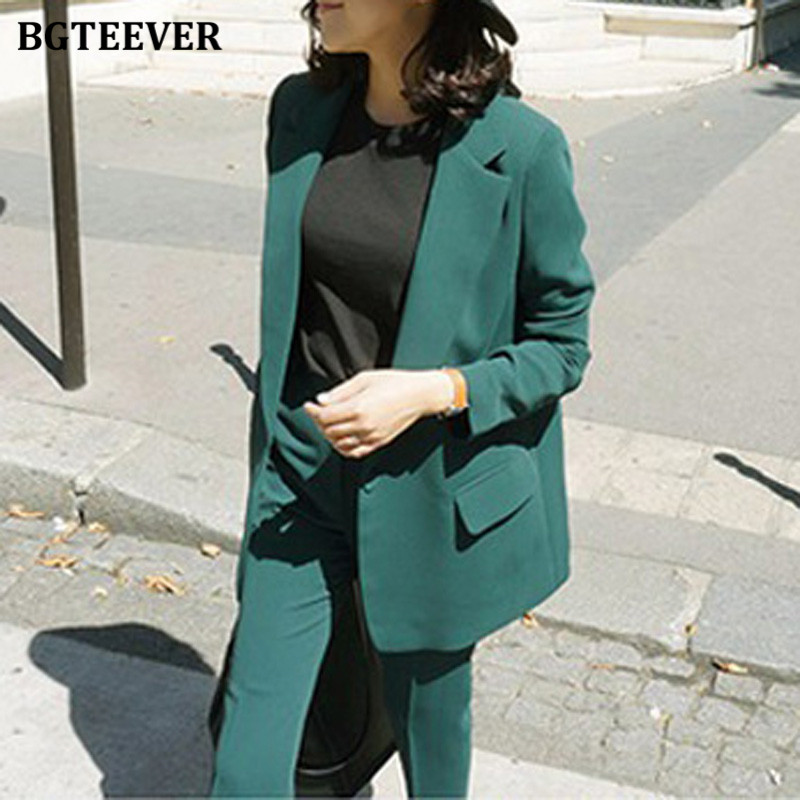 BGTEEVER, la modă, verde, costume pentru femei, blazer, cu mânecă lungă, cu un singur buton, costum cu pantaloni, haine de lucru, set de sacou din două piese, pentru femei, 2020