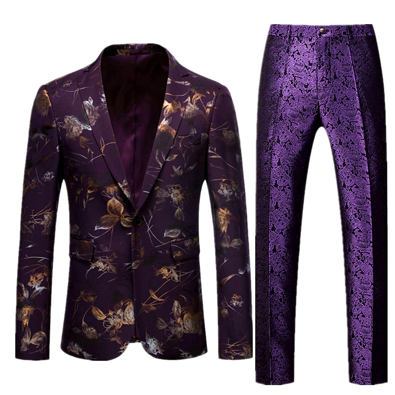 Costumul alb pentru bărbați cu imprimeu auriu 2 piese (jachetă + pantaloni) nuntă afaceri Terno Masculino albastru violet bărbați slim costum masculin