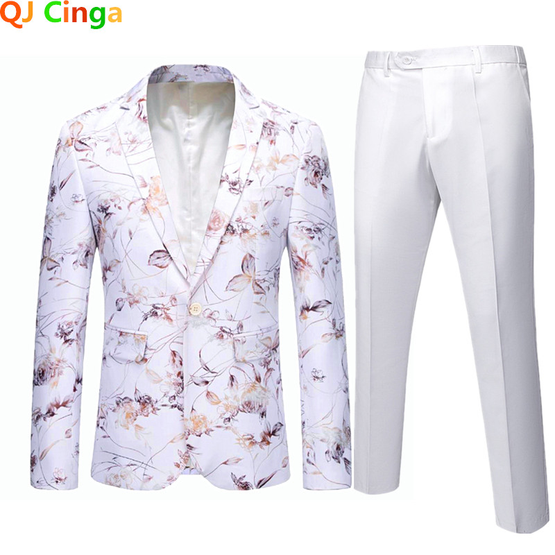 Costumul alb pentru bărbați cu imprimeu auriu 2 piese (jachetă + pantaloni) nuntă afaceri Terno Masculino albastru violet bărbați slim costum masculin