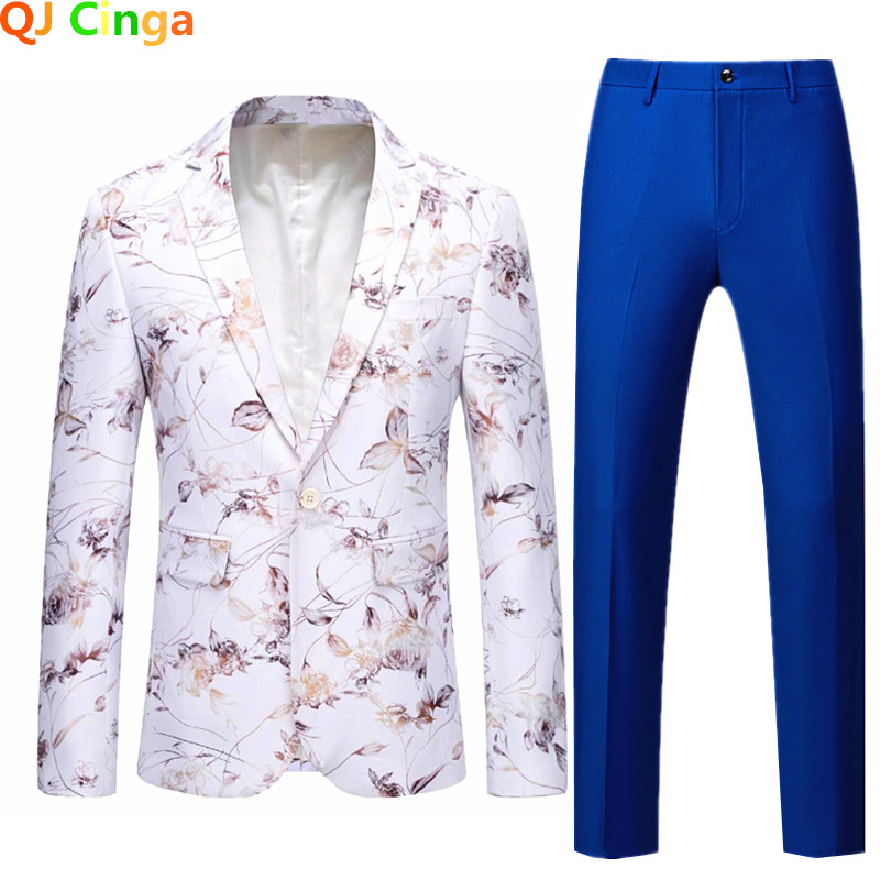 Costumul alb pentru bărbați cu imprimeu auriu 2 piese (jachetă + pantaloni) nuntă afaceri Terno Masculino albastru violet bărbați slim costum masculin