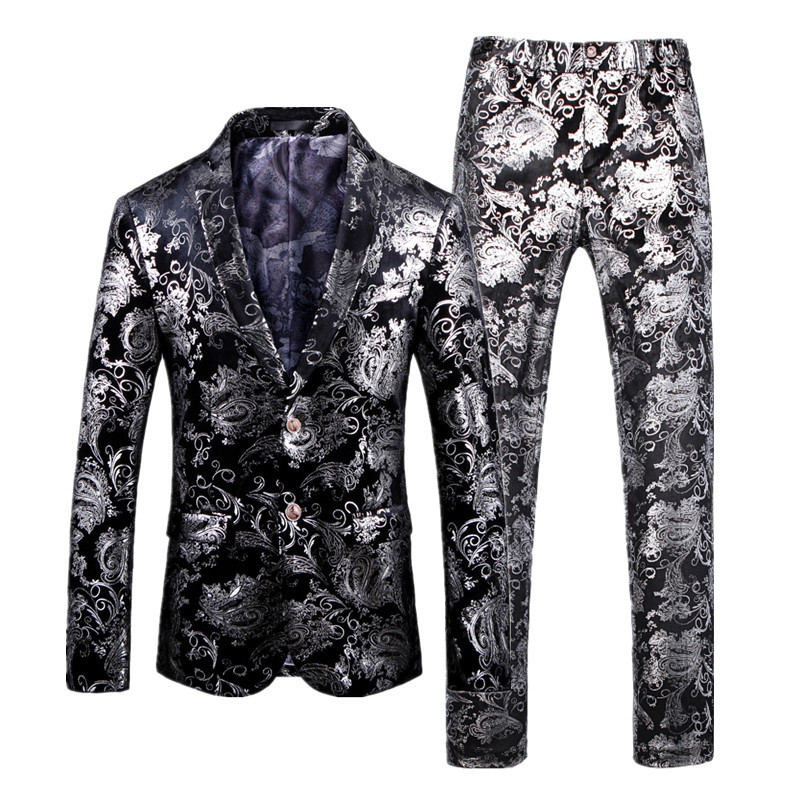 Bărbați auriu imprimeu 2 piese (jachetă+pantaloni) Nuntă/Petrecere Terno Masculino Argintiu Roșu Albastru Primăvară și Toamnă Costum Nou Homme S-5xl